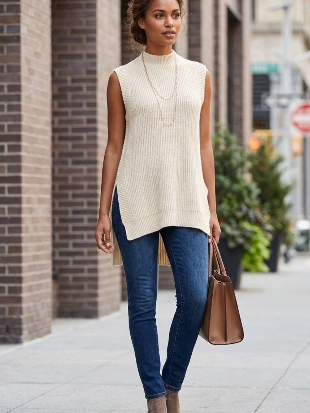 bobeau Cream Sleeveless Ribbed Mock Neck Tunic Sweater Sweater